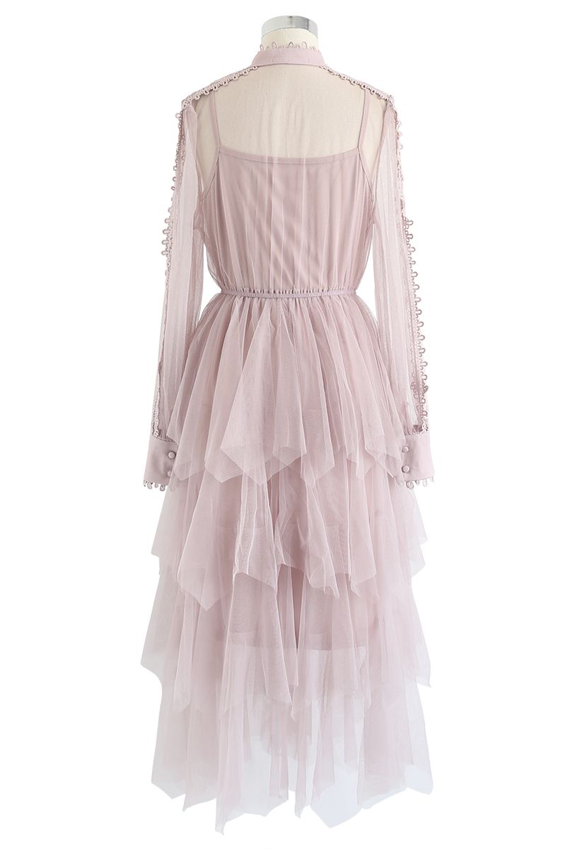 Lacy Sleeves Tiered Mesh Kleid in Pink