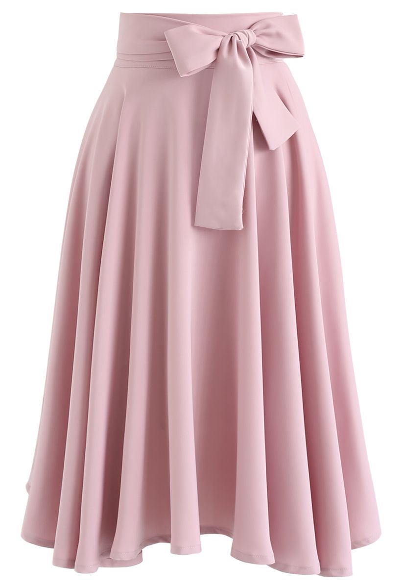 Flare Hem Bowknot Taille Midi Rock in Pink