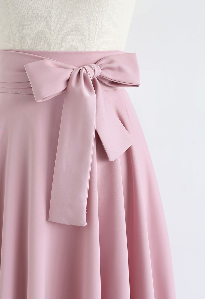 Flare Hem Bowknot Taille Midi Rock in Pink