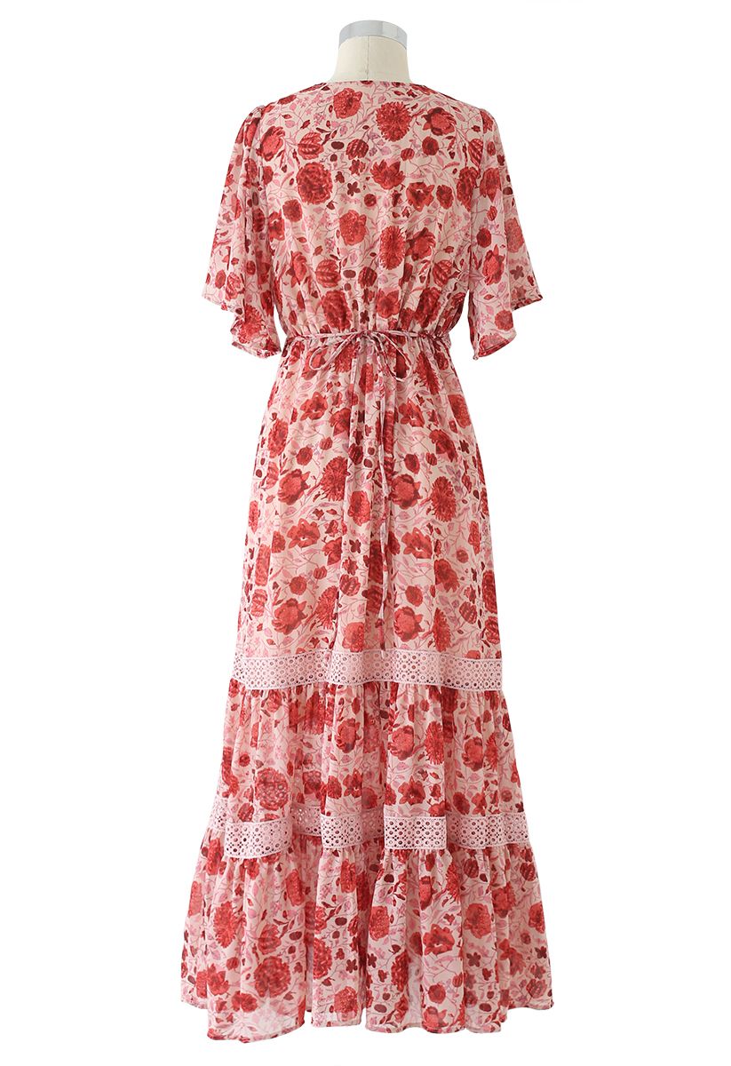 Red Floral Crochet Frilling Chiffon Dress
