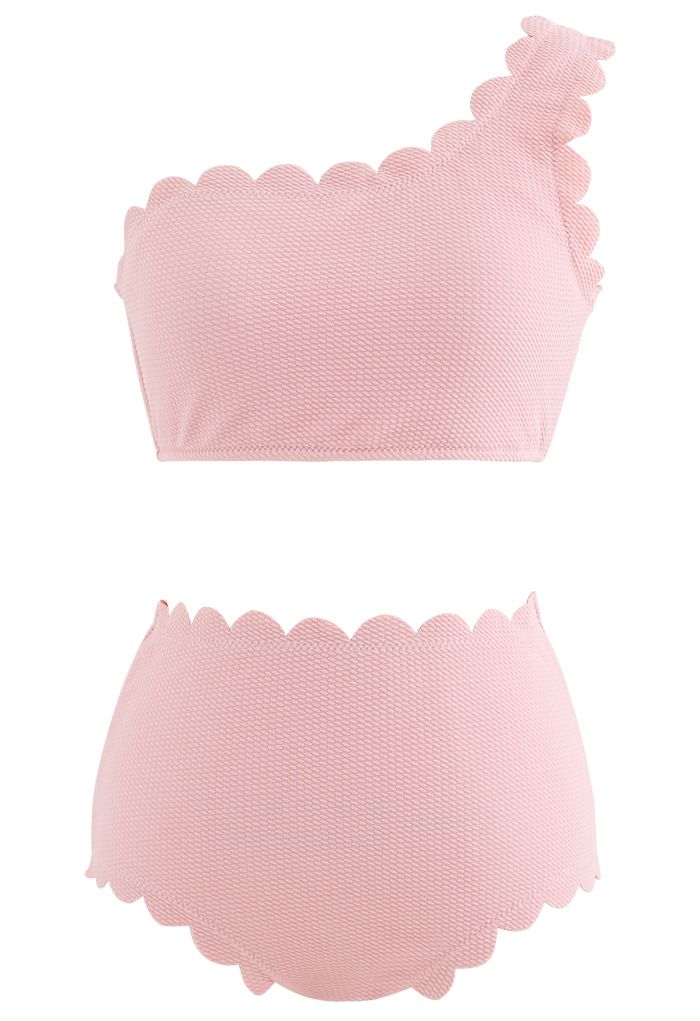 One-Shoulder Scalloped Bikini Set in Pink