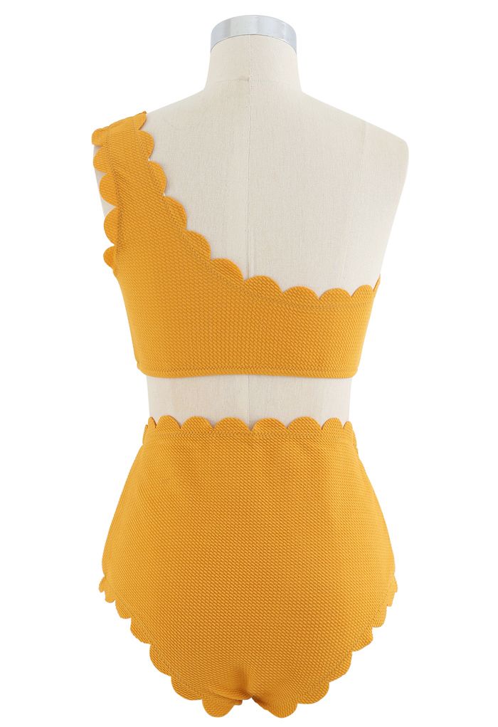One-Shoulder Scalloped Bikini Set in Mustard