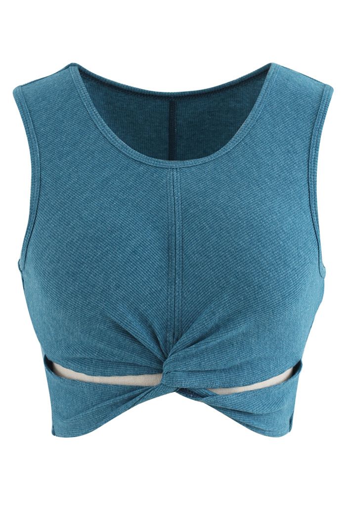 Twist Front Ribbed Sleeveless Low-Impact Sports Bra in Turquoise