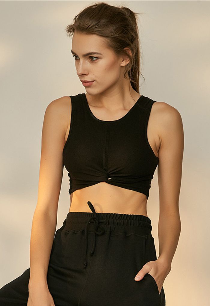 Twist Front Ribbed Sleeveless Low-Impact Sports Bra in Black
