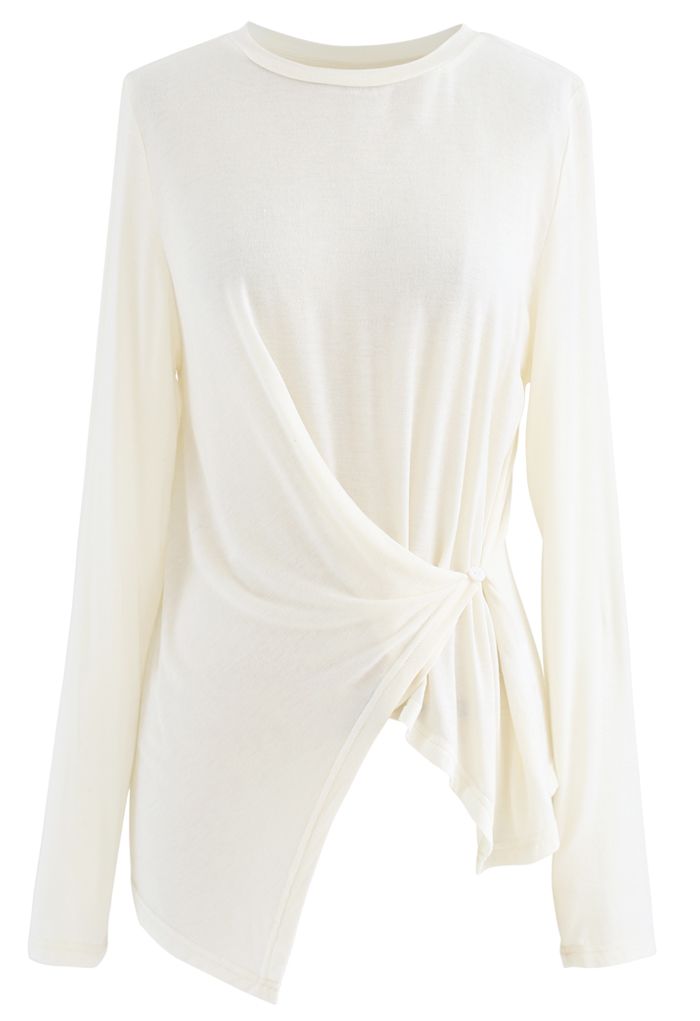 Side Button Sleeves Asymmetric Top in Ivory