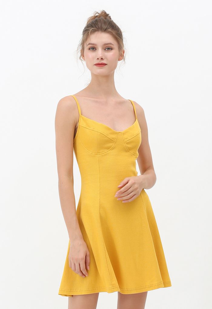 Fit and Flare Ribbed Cami Skater Dress in Mustard