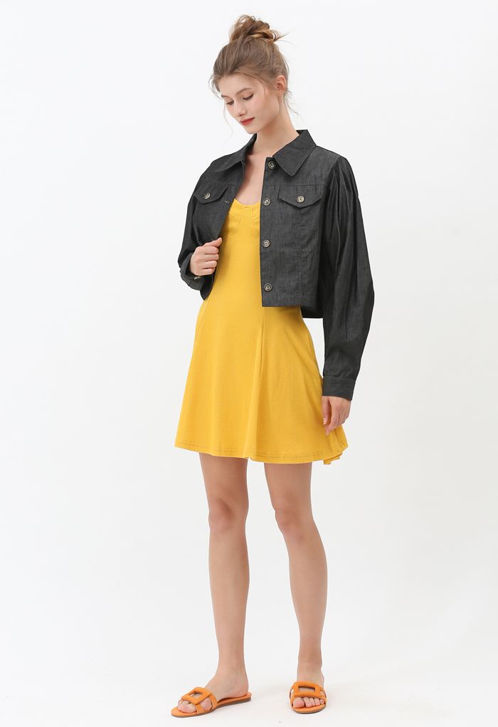 Buttoned Pleated Puff Sleeves Crop Denim Jacket in Smoke