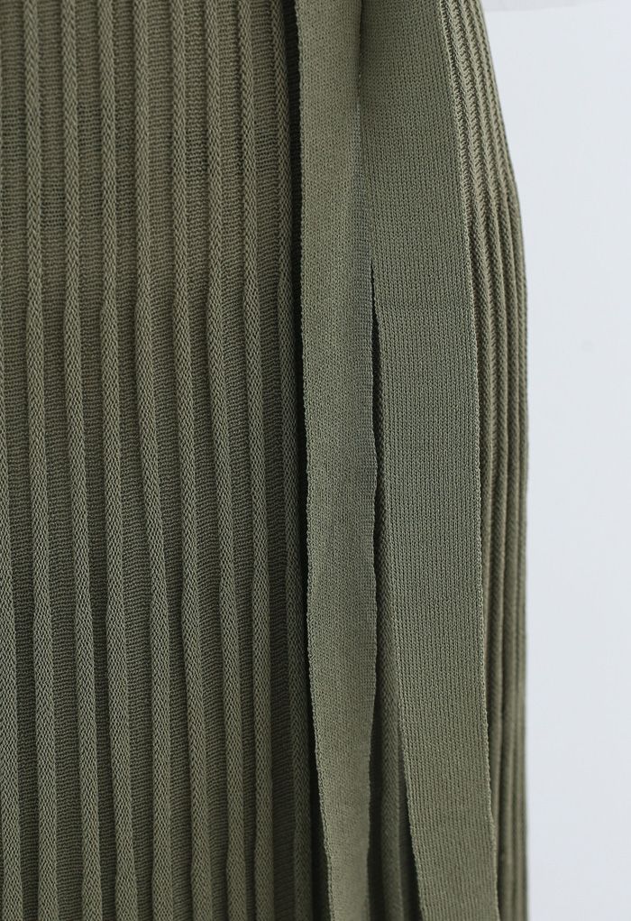 Mock Neck Fringed Hem Ribbed Knit Midi Dress in Army Green