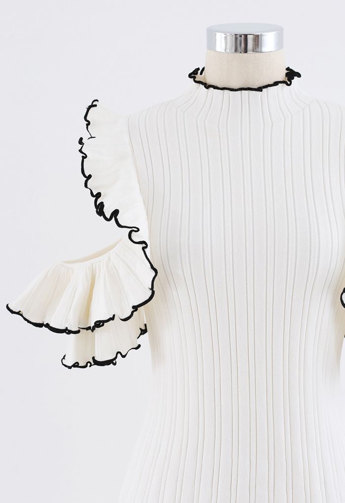 Ruffle Cold Shoulder Ribbed Knit Dress in White
