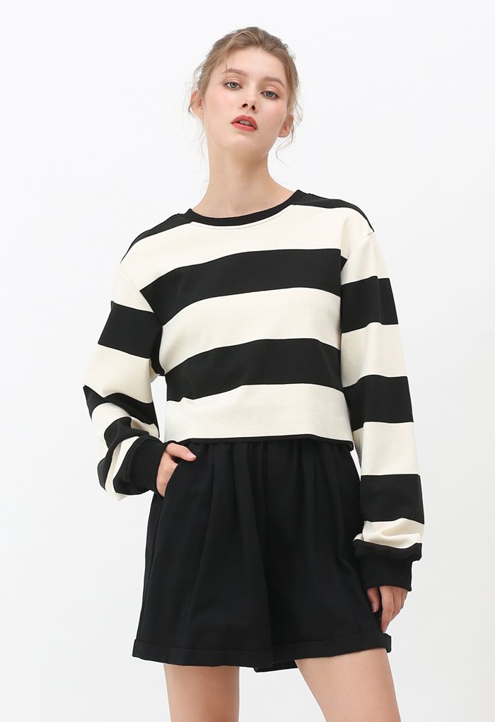 Black and White Stripes Cropped Sweatshirt