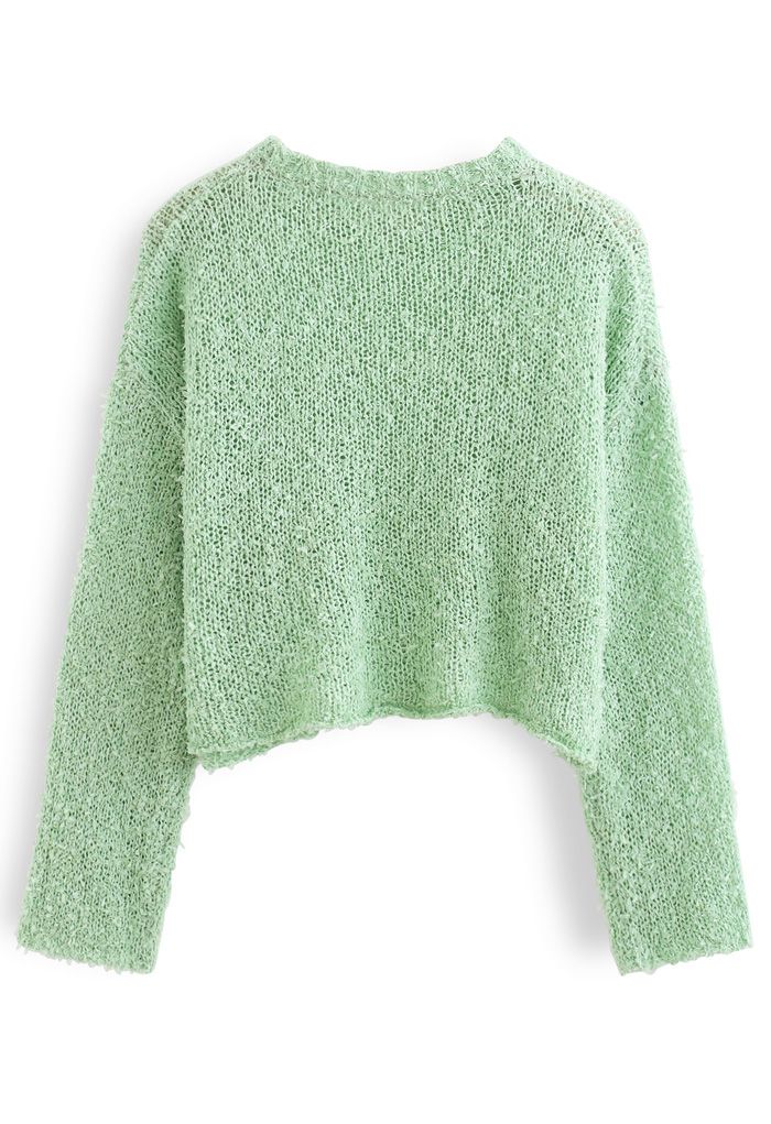 Cropped Fluffy Hollow Out Knit Sweater in Pea Green