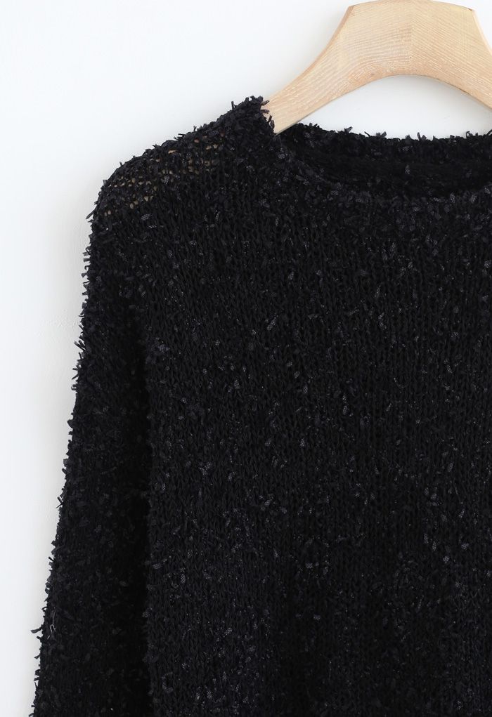 Cropped Fluffy Hollow Out Knit Sweater in Black