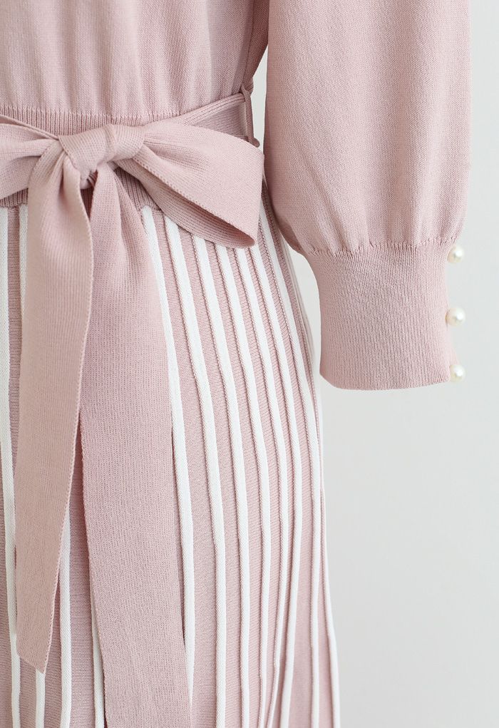 Radiant Lines V-Neck Bowknot Knit Dress in Pink