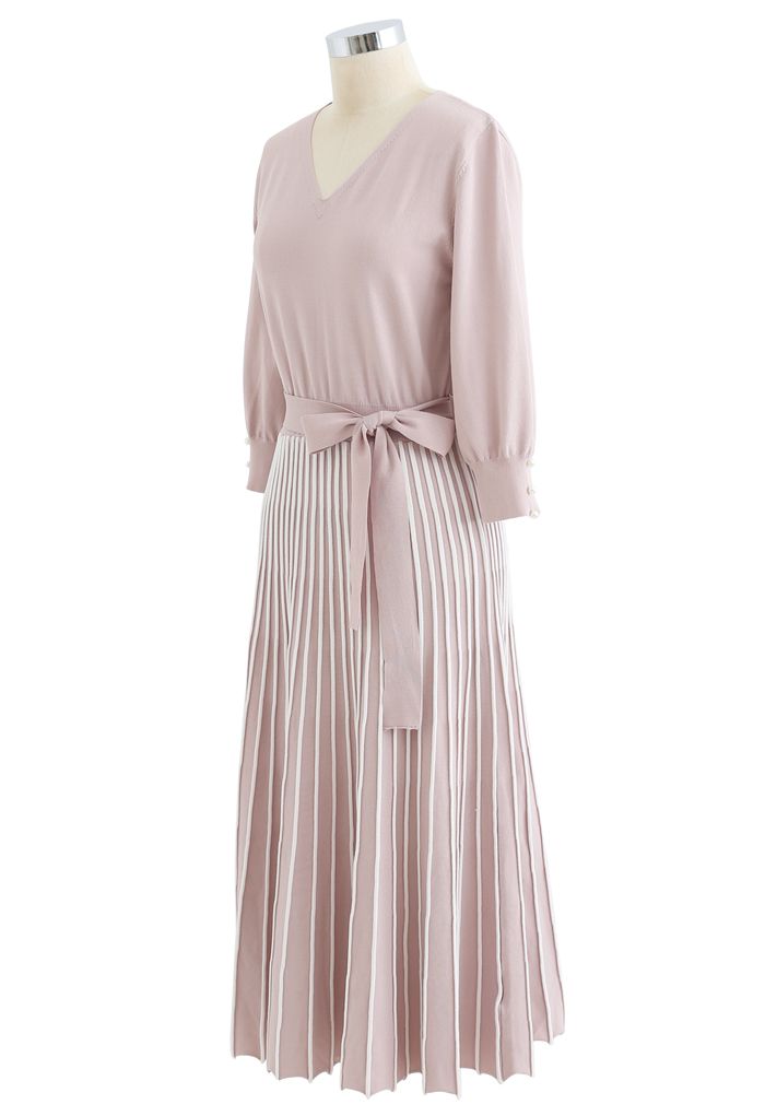 Radiant Lines V-Neck Bowknot Knit Dress in Pink