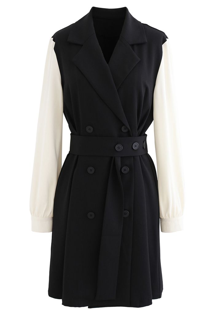 Contrast Color Double-Breasted Chiffon Trench Coat in Black