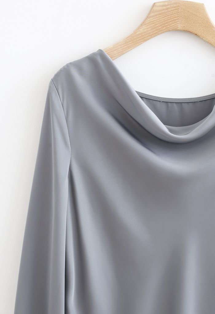 Satin Drape Neck Versatile Shirt in Dusty Blue