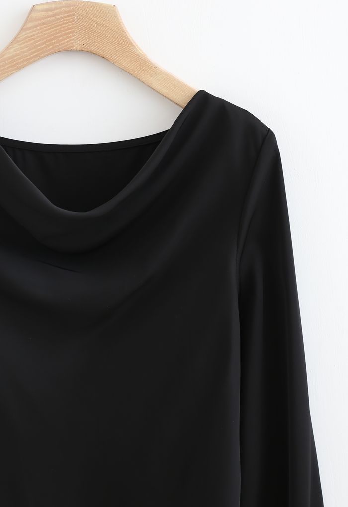 Satin Drape Neck Versatile Shirt in Black
