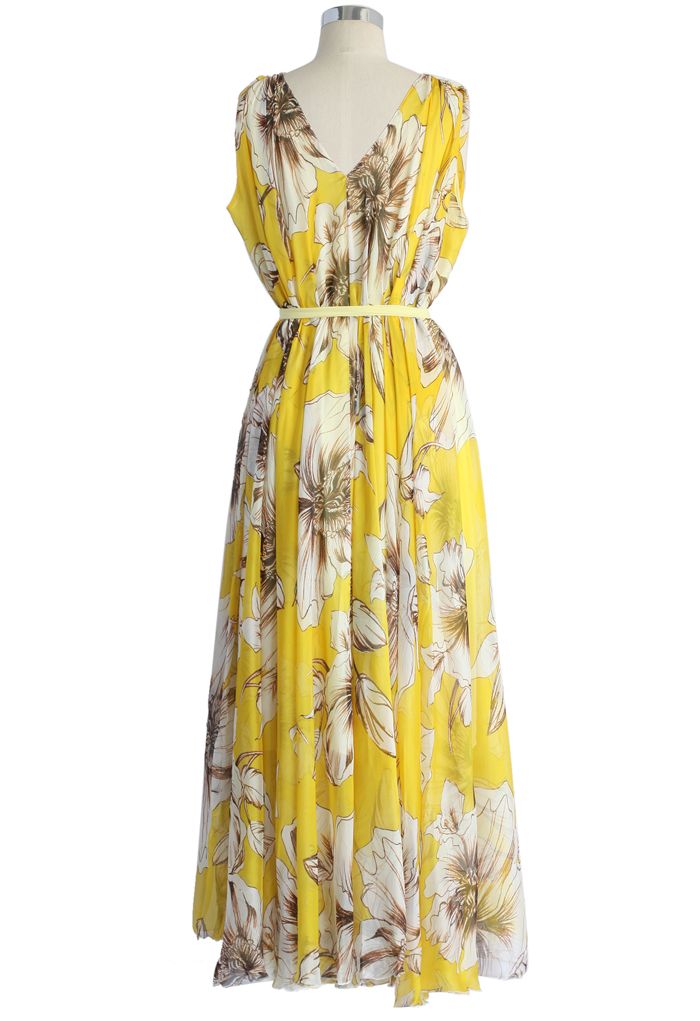 Wunderbare gelbe Blumen Chiffon langes Kleid