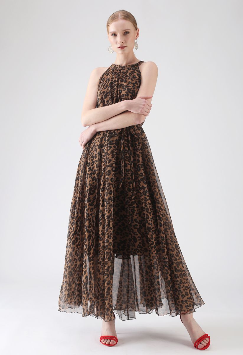 Leopard Aquarell Maxi Slip Kleid in Braun
