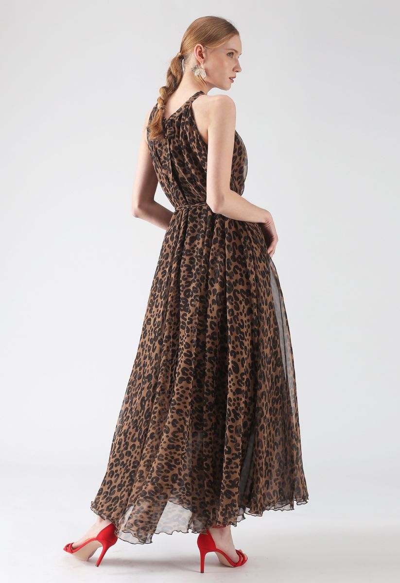 Leopard Aquarell Maxi Slip Kleid in Braun