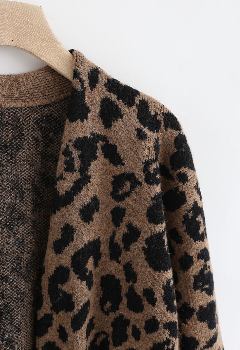 Leopard Pockets Longline Cardigan in Braun