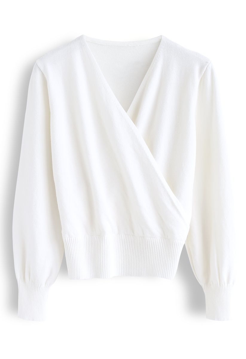 Basic Soft Wrapped Knit Top in Weiß