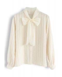 Parallel Mesh Bowknot Neck Sleeves Shirt in Creme