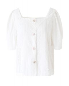 Square Neck Button Down Embroidery Top