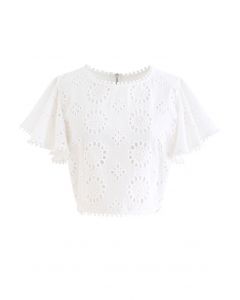 Floral Eyelet Embroidered Ruffle Sleeves Crop Top in White