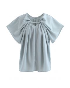 V-Neck Twisted Flare Sleeves Top in Dusty Blue