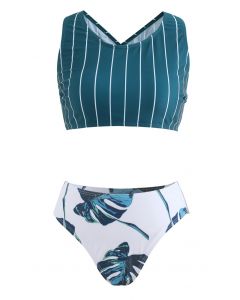 Stripe Print Crisscross Back Tropical Leaf  Bikini Set