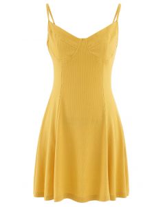 Fit and Flare Ribbed Cami Skater Dress in Mustard