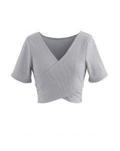 Crisscross Front Short Sleeves Ribbed Top in Grey