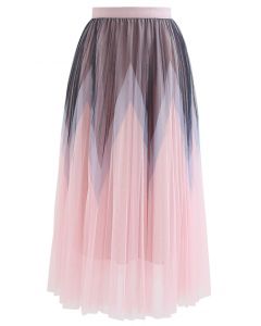 Zigzag Double-Layered Pleated Tulle Midi Skirt in Pink