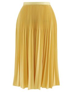 Solid Color Pleated A-Line Midi Skirt in Mustard