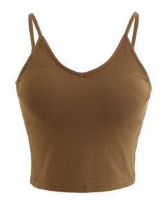 Cropped Rib Cami Tank Top in Brown