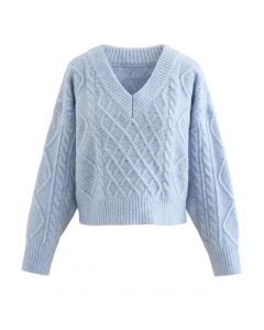 Crop-Pullover mit Zopfmuster und V-Ausschnitt in Blau