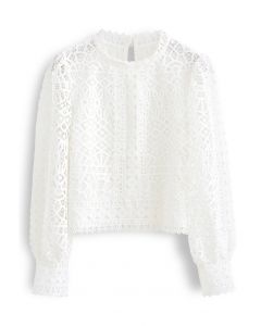 Panelled Full Crochet Sleeves Top in White