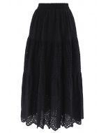 Frill Hem Broderie Cotton Midi Skirt in Black