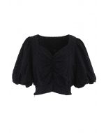 Sweetheart Floral Embroidery Puff-Sleeved Crop Top in Black