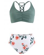 Lace-Up Ruched Floral Print High-Waisted Bikini Set