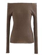 Fitted Off-Shoulder Ribbed Knit Top in Brown