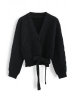 Wrap Bowknot Chunky Knit Sweater in Black