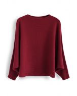 Boat Neck Batwing Sleeves Crop Knit Top in Rot
