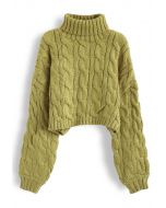 Turtleneck Braid Knit Crop Sweater in Moss Green